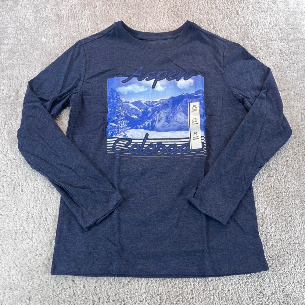 Cat & Jack Boys XL 14 Aspen Colorado Mountain Graphic Long Sleeve Tee Navy Blue